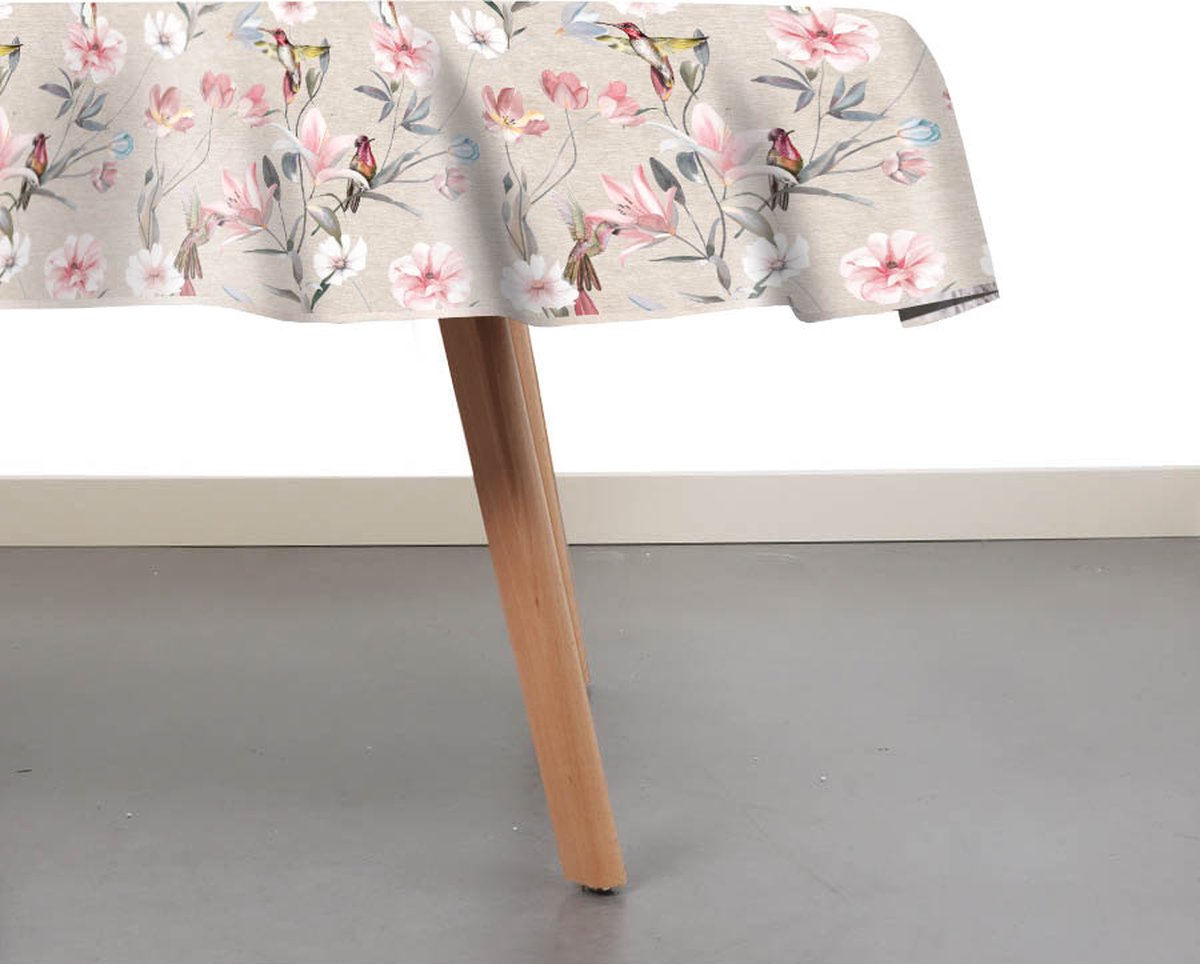 Raved Rond Tafelkleed - 140 cm ø - Vogels - Bloemen - Roze - Polyester - Waterafstotend
