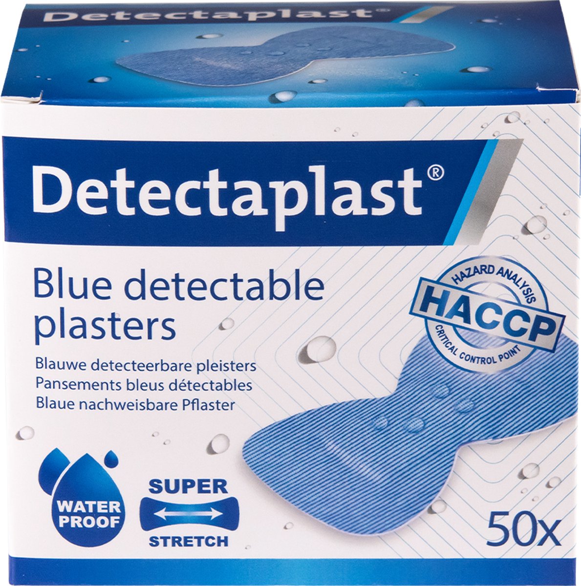 Detectaplast blauwe wondpleisters waterproof - metaaldetecteerbare, waterdichte en vuilwerende pleisters sensitive, voor de voedingsindustrie, catering en grootkeuken, 68 x 38 mm, 50 stuks