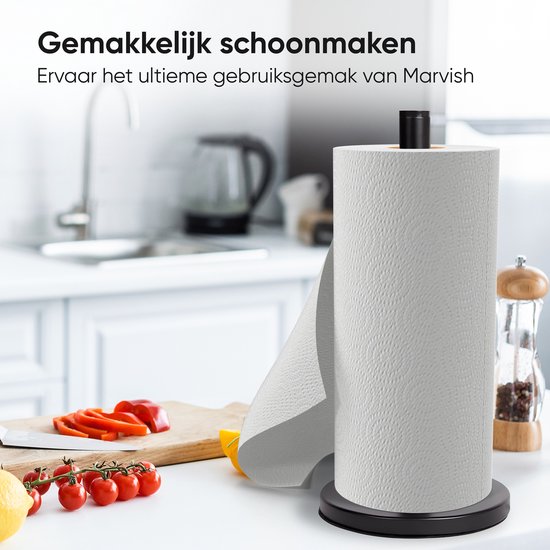 Zwarte keukenrolhouder met een rol keukenpapier, staand op een aanrecht.