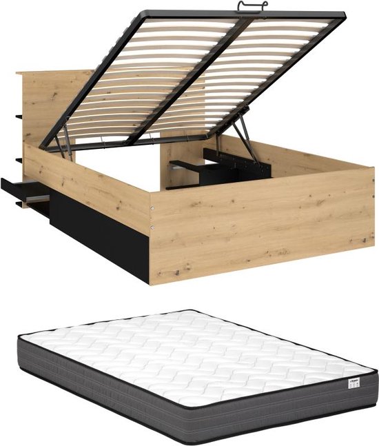 Bed met opbergruimte 140 x 190 cm - Kleur: houtlook en zwart + matras - RADANI L 149.8 cm x H 96.6 cm x D 215.3 cm