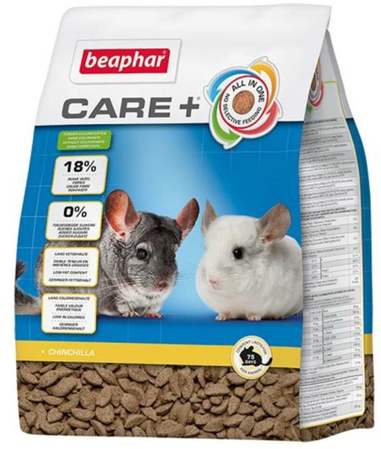 Beaphar Care+ chinchilla zak met twee chinchilla's en brokjes. "All in one selective feeding"