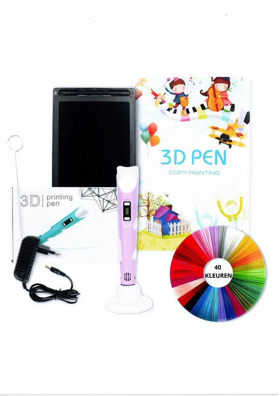 3D pen-XXL- starterspakket-Rose-Inclusief-Tekentablet 8,5 inch-129 Meter Filament in 40 kleuren-Boek met 40 bladzijden met sjablonen en herbruikbaar transparant overtrekvel-Oplader- Penhouder-Schoonmaaknaald