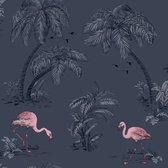 DUTCH-WALLCOVERINGS-Behang-flamingo-petrolblauw