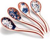 Aziatische keramische soeplepels Japanse set van 4 - soeplepels met lang gebogen handvat voor ramennoedels, knoedels, rijst