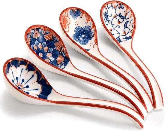 Aziatische keramische soeplepels Japanse set van 4 - soeplepels met lang gebogen handvat voor ramennoedels, knoedels, rijst