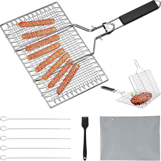 Grillmand, visbraadset, roestvrijstalen vis-grillmand, grillschaal, opvouwbare manden of grill vis en groenten, met Oxford-tas + 5 kebab + siliconen borstel, roestvrijstalen accessoires