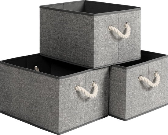 Set de 3 boîtes en tissu sans couvercle avec poignées 40 x 30 x 25 cm aspect lin gris