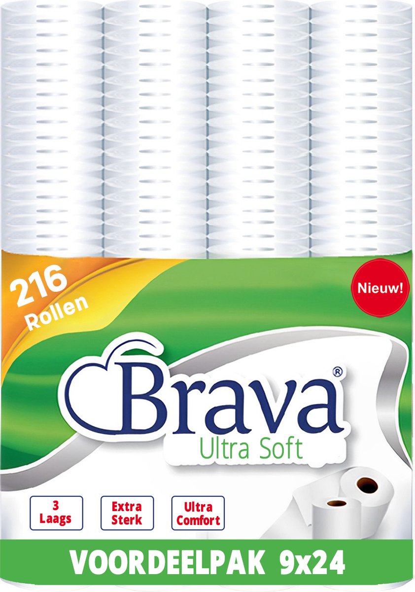 Brava - Ultra Soft Toiletpapier - 216 Rollen - 3 Laags - Ultiem Comfort WC Papier - Superieure Sterkte - Maximale Absorptie & Pluisvrij - Voordeelverpakking WC Papier