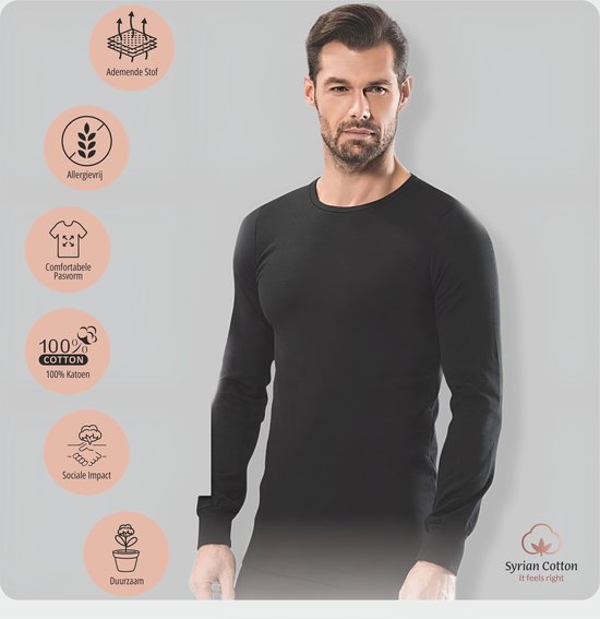 Luxe Heren Winter T-shirt - Onderhemd met lange mouwen - 100% Katoen - XL - Zwart