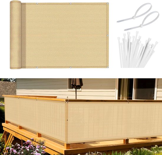 Sekey Balkonscherm, ondoorzichtig, wind- en uv-bescherming, weerbestendig, 100% privacy, met ingestanste ringen, nylon kabelbinders en koord, 75 x 500 cm, taupe