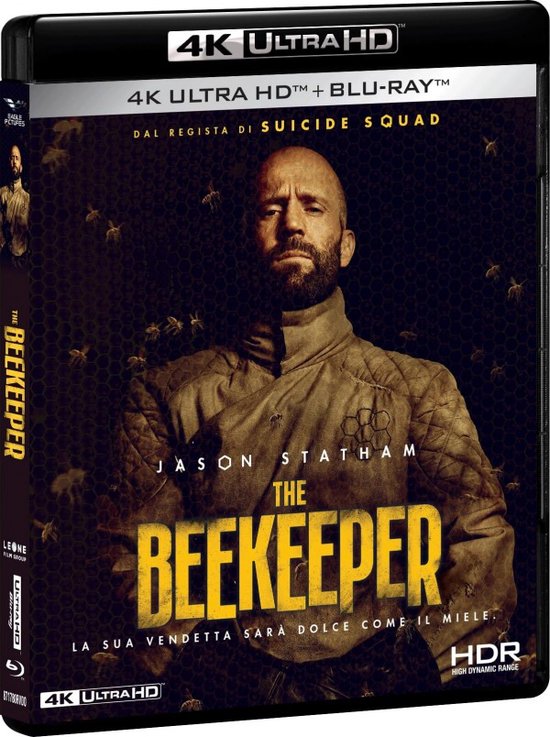Jason Statham als de imker op de hoes van de 4K Ultra HD Blu-ray van de film "The Beekeeper". De tekst "The Beekeeper" en "Jason Statham" staat op de hoes.