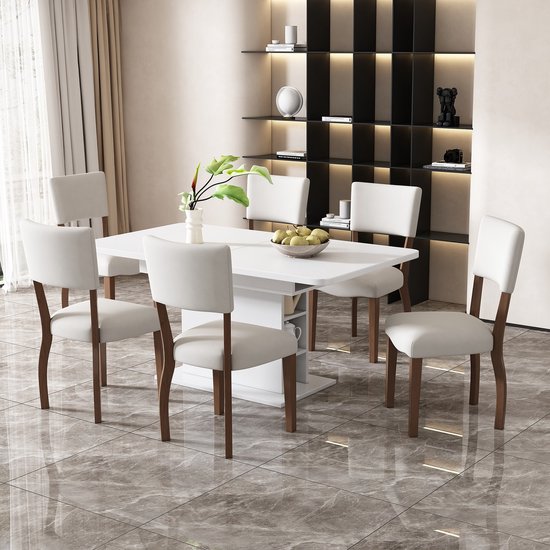 Sweiko Fluwelen eetkamerstoelen, 6-delige set (zonder eettafel), familie eetkamerstoelen, stoelen, moderne minimalistische woon- en slaapkamerstoelen, vier rubberen houten poten, beige