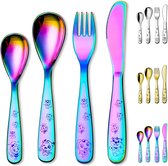 Regenboog kinderbestek 4-delige kleurrijke titanium coating kinderservies set, kinderveiligheidsvork en lepel plat servies, hoogglans gepolijste gladde ronde rand, vaatwasmachinebestendig