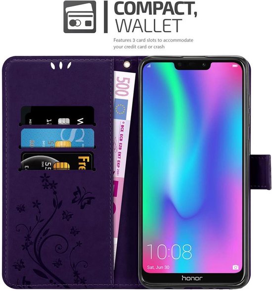Cadorabo Hoesje geschikt voor Honor 8C in BLOEMEN DONKER PAARS - Beschermhoes in bloemmotief met magnetische sluiting, standfunctie en kaartsleuven Book Case Cover Etui