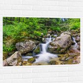 Muursticker - Mooie Waterval tussen Rotsen in het Bos - 105x70 cm Foto op Muursticker