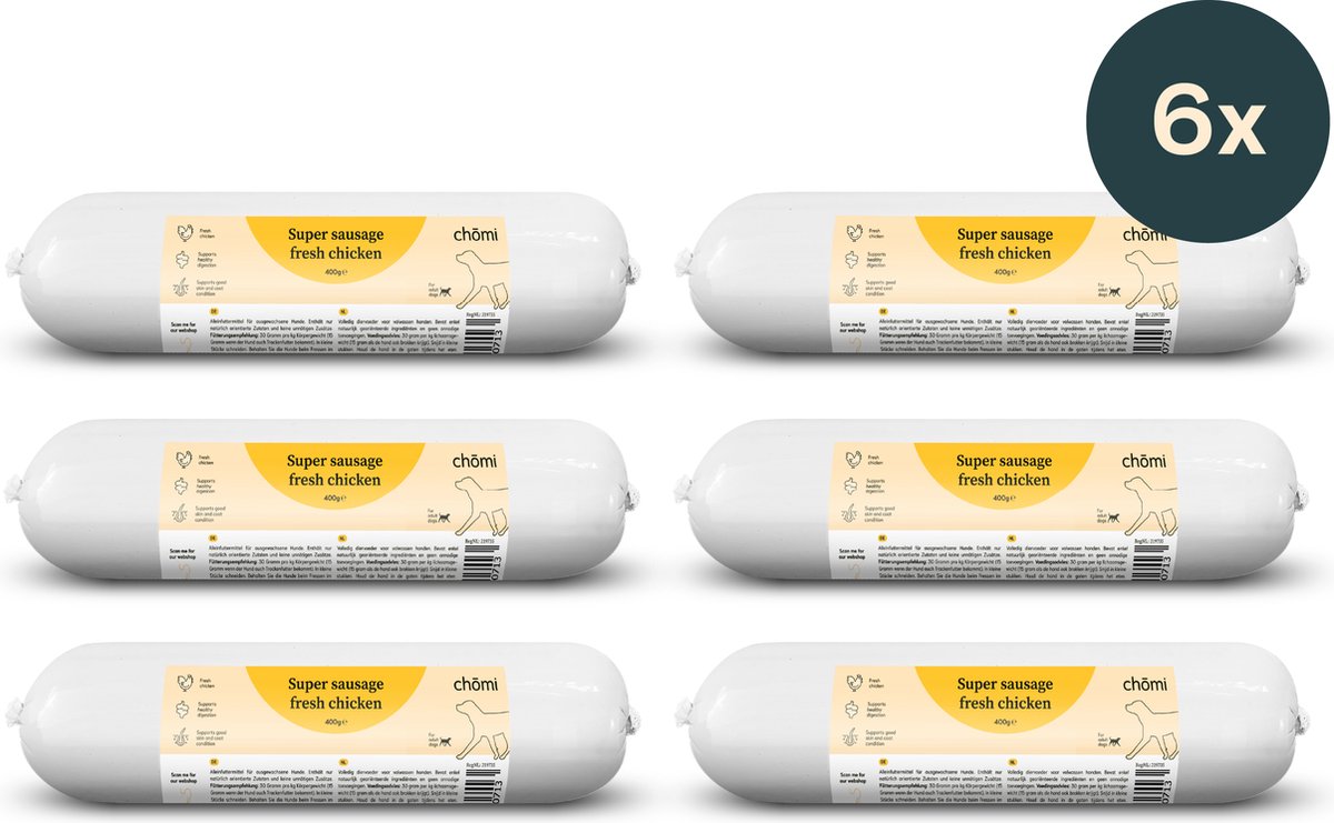 Chōmi Chōmi Pets - Dog Super Sausage Fresh Chicken - 6 stuks - Natvoer - 400 gram