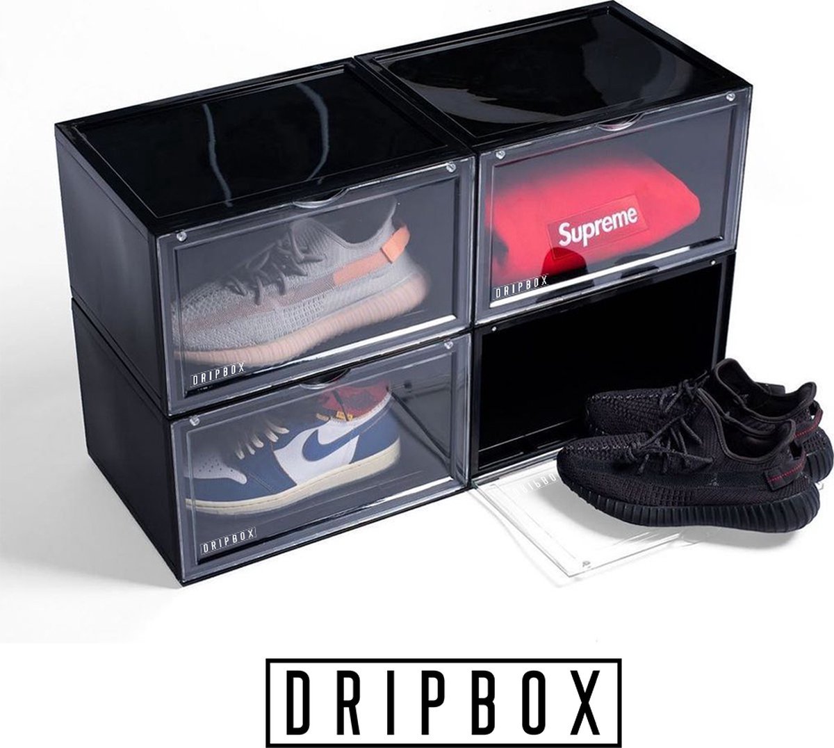 Dripbox - Sneakerbox 2-pack Zwart | Sneaker Crate Zwart | Sneaker Box | Schoenenopberger | Sneakerbox | Schoenenkast | Sneaker opbergsysteem | Sneakercrate | Met magnetische sluiting | Doorzichtig | Black