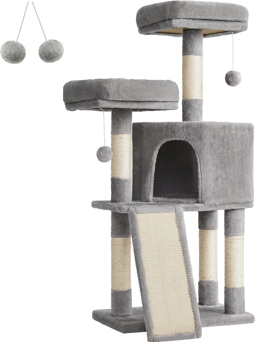 FEANDREA Krabpaal klein, kattenboom met krabplank, platforms, voor kat, zacht pluche, 115 cm, volledig met sisal omwikkelde zuil, lichtgrijs PCT141W01