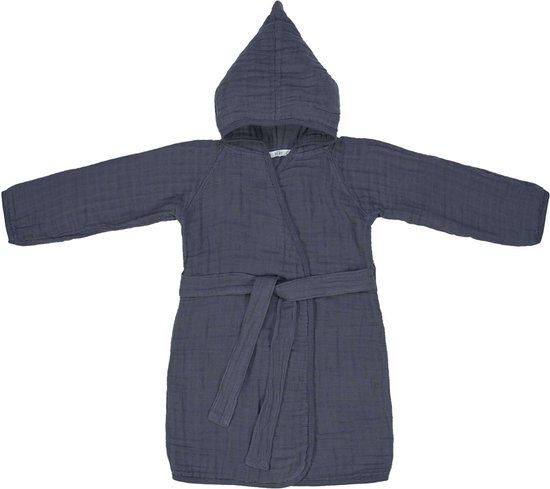 Donkerblauwe mousseline kinderbadjas met capuchon en strikceintuur.