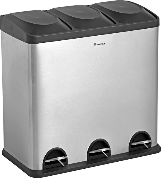 Homra Maxer Pedaalemmer 60 Liter - RVS Prullenbak 3 vakken - Trio Prullenbak 3 X 20 Liter - Prullenbak Afvalscheiding - Vuilnisbak voor huishouden en kantoor - Recycle Vuilbak keuken Afvalemmer Zilver - Afvalscheidingsprullenbakken