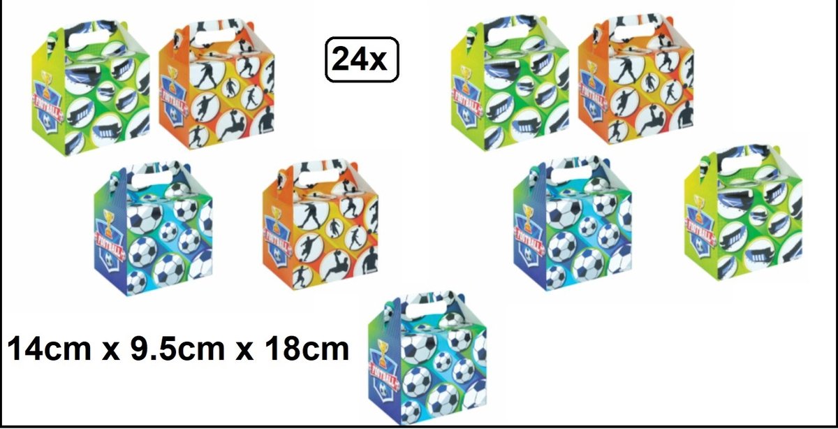 24x Traktatie/menu doos voetbal assortie - 14cm x 9.5cm x 18cm - Happy Traktatie thema menu feest verjaardag Sinterklaas kerst Festival