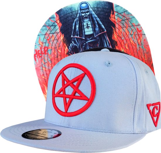 Capiche® Snapback Pet Heren – Cursed Nun – Lichtgrijs & Rode Pentagram – Verstelbaar met Druksluiting – Sportcap – Baseball Cap – Mannen Cap – Vervloekte Non Pet