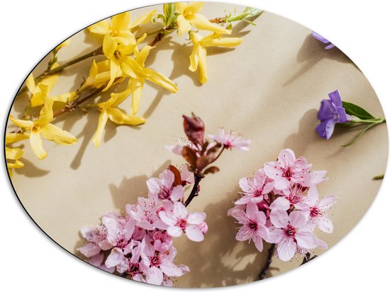 Dibond Ovaal - Geel, Roze en Paarse Bloemen in Verschillende Soorten - 68x51 cm Foto op Ovaal (Met Ophangsysteem)