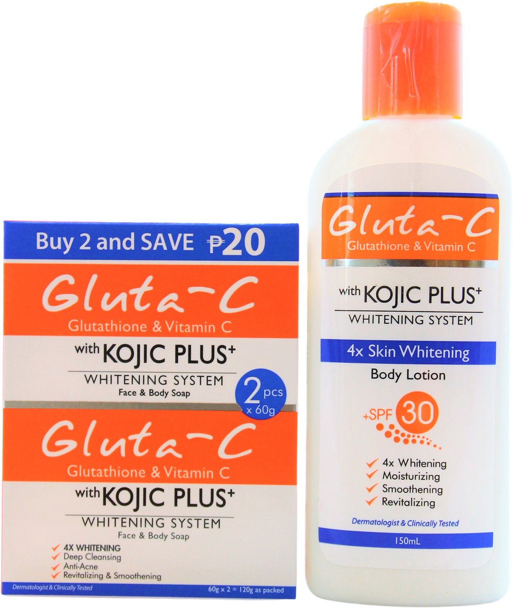 Gluta-C 4x skin lightening Bodylotion SPF30 150ml +Gluta-C Whitening zeep, 2 x 60 gram
