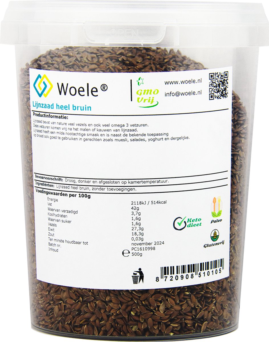 Woele lijnzaad heel bruin GMO vrij 500g