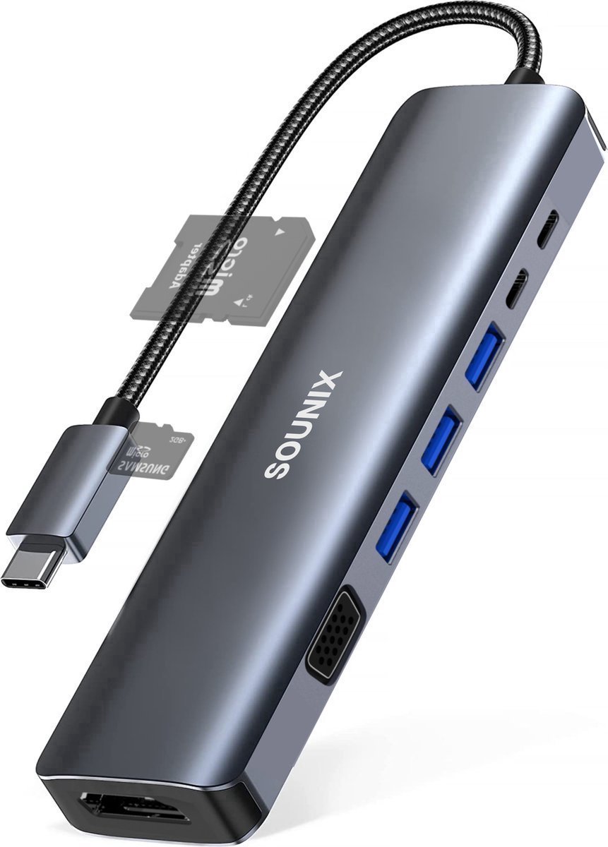 Sounix 9 in 1 USB C Hub - HDMI 4K - USB-C en 3xUSB 3.0 - Geschikt voor MacBook en Laptops - Grijs