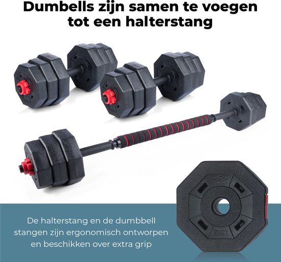 Umbro Halterset - 20 KG - Verstelbare Dumbells en Barbell - Gewichten van  1.25 KG,... | bol.com