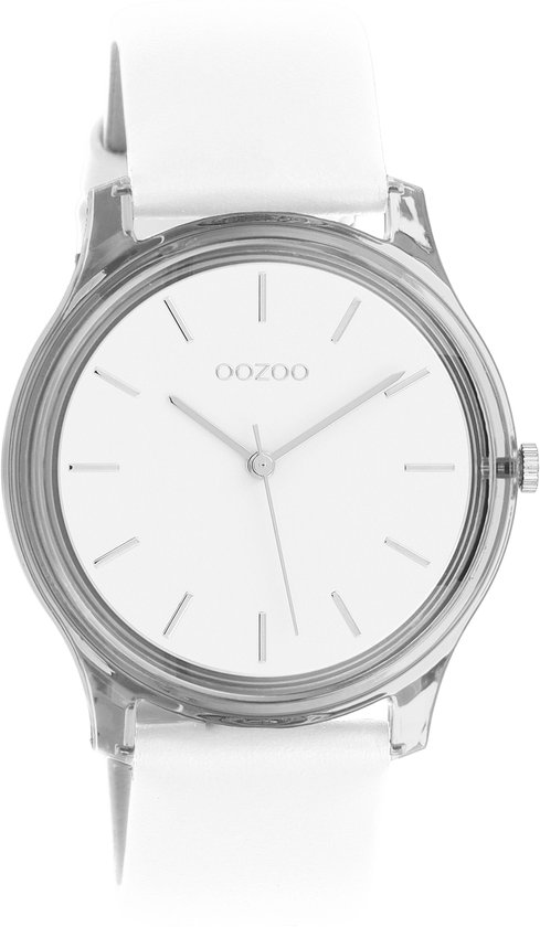 OOZOO Timepieces - Zilverkleurige horloge met witte leren band - C11135