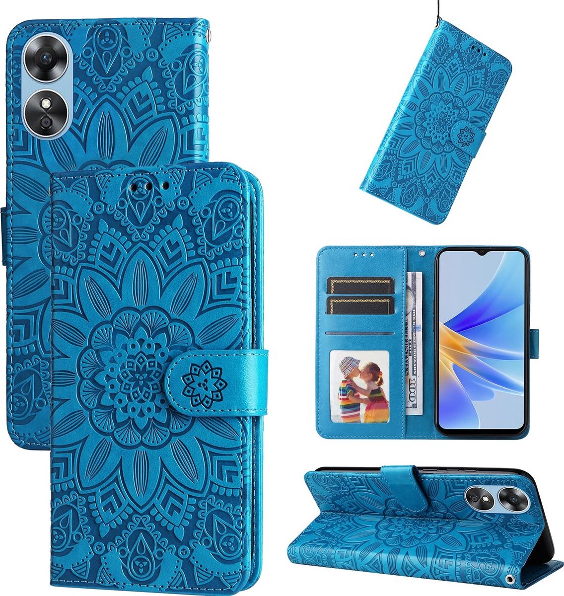 Mobigear Telefoonhoesje geschikt voor OPPO A17 Hoesje | Mobigear Sunflower Bookcase Portemonnee | Pasjeshouder voor 3 Pasjes | Telefoonhoesje voor Pinpas / OV Kaart / Rijbewijs - Blauw