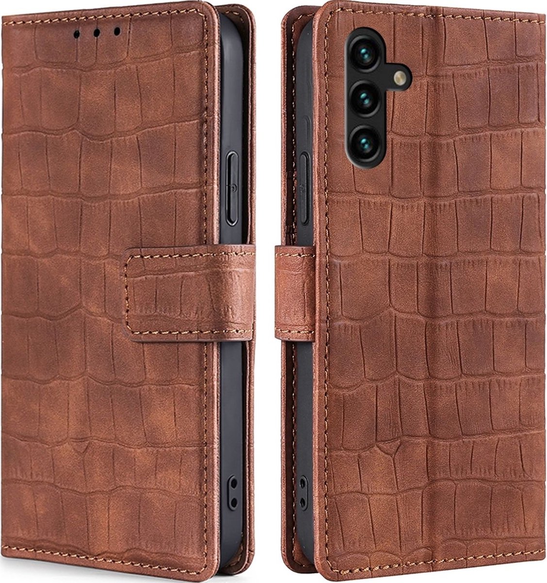 Mobigear Telefoonhoesje geschikt voor Samsung Galaxy A04s Hoesje | Mobigear Croco Bookcase Portemonnee | Pasjeshouder voor 3 Pasjes | Telefoonhoesje voor Pinpas / OV Kaart / Rijbewijs - Bruin