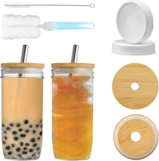 Thermische Koffieglazen/theeglazen Dubbelwandig - Met Bamboe Deksel 350 Ml