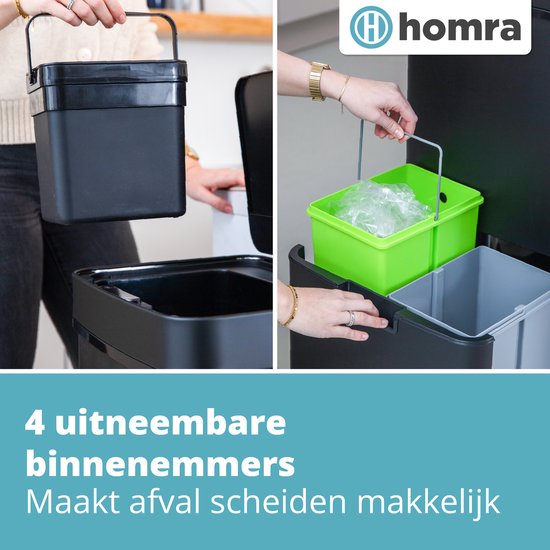 Homra Nexo Prullenbak Afvalscheiding 72 Liter - Zwarte Sensor Prullenbak 3 vakken - 2x12L + 48L - Recycle Afvalbak - Vuilnisbak voor huishouden en kantoor - Vuilbak keuken Afvalemmer - Afvalscheidingsprullenbakken - Automatische Soft Close Deksel