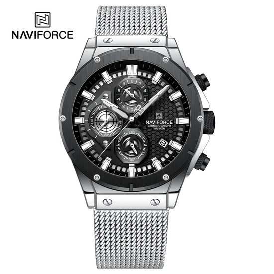 NAVIFORCE horloge voor mannen, met zilveren metalen polsband, grijze en zwarte horlogekast en grijze + wijzerplaat met in het donker oplichtende wijzers ( model 8027S SB ), verpakt in een mooie geschenkdoos