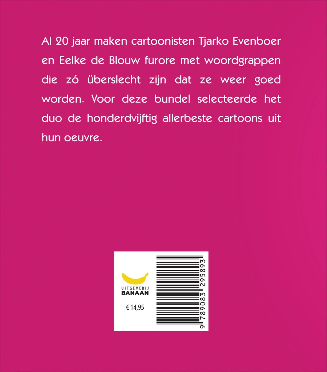 Boekomslag met tekst over woordgrappen en uitgeverij Banaan.