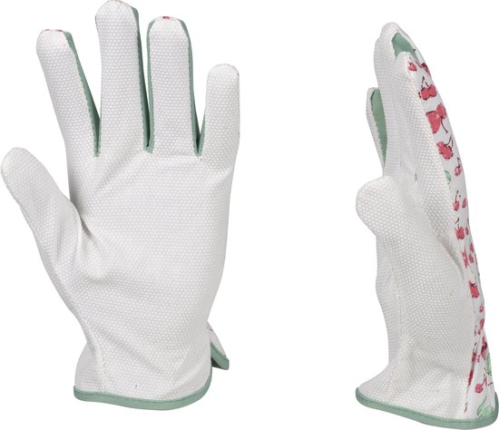 Twee witte tuinhandschoenen met kersenpatroon, één met handpalm naar voren en één opzij.