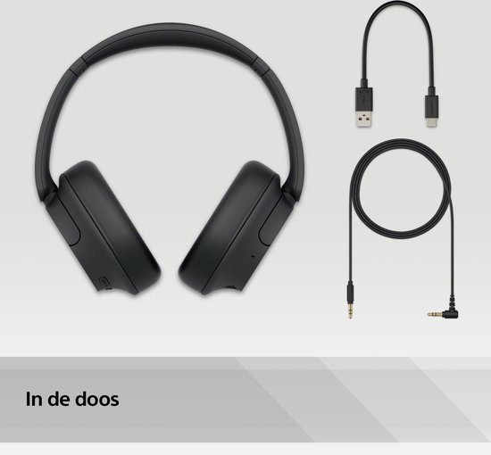 Zwarte Sony koptelefoon met USB-C kabel en audiokabel.