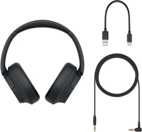 Zwarte Sony koptelefoon met USB-C kabel en audiokabel, plat gelegd.