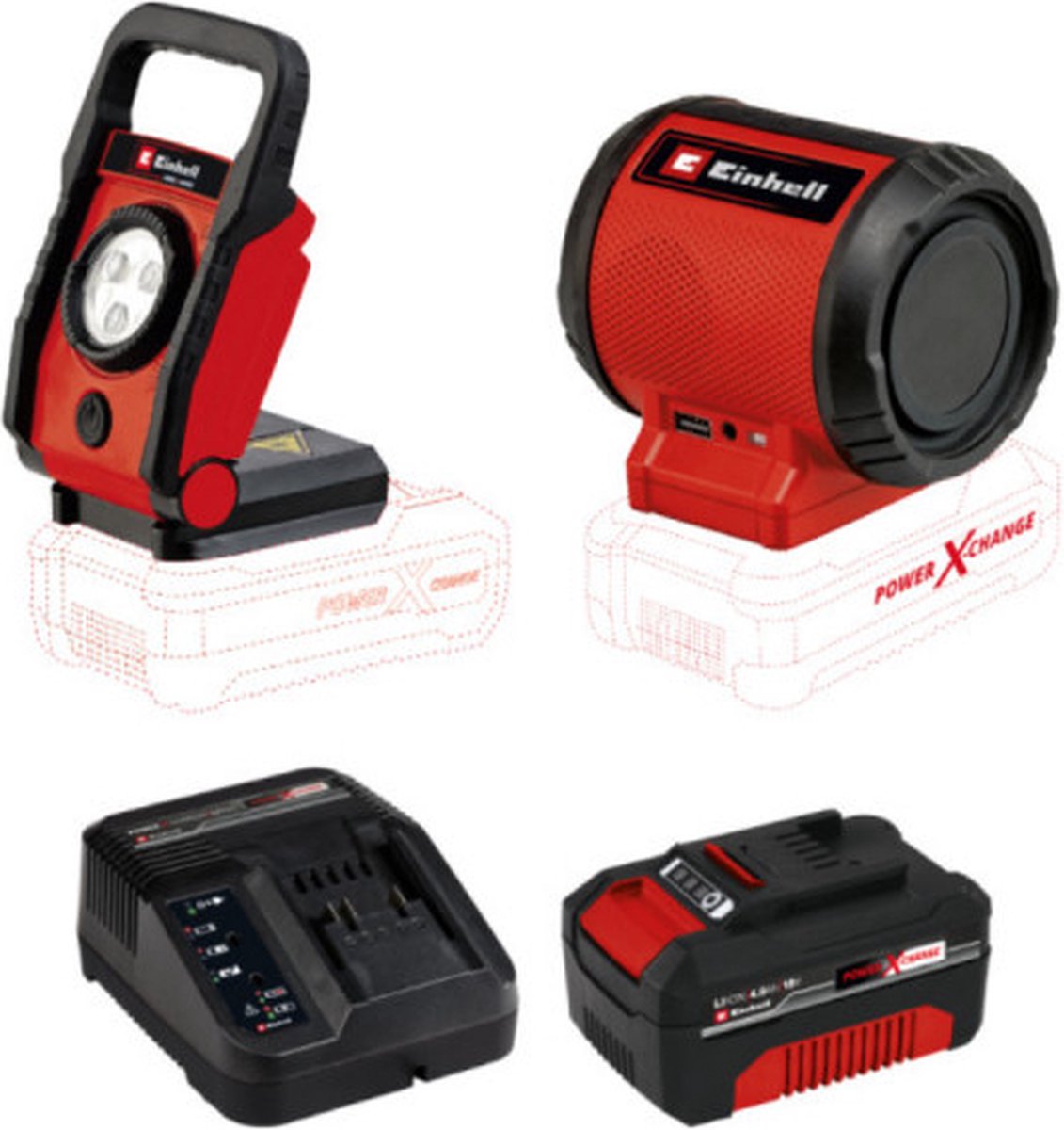 Pack EINHELL 18V Power X-Change - LED Lamp - TE-CL 18 Li Solo - Speaker - TC-SR 18 Li BT - Solo - Starter Kit Power 4.0A