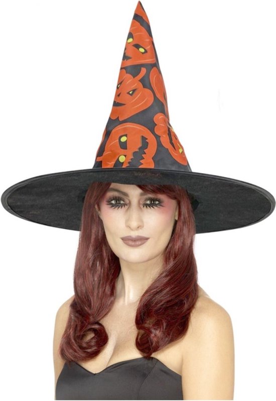 Smiffy's - Heks & Spider Lady & Voodoo & Duistere Religie Kostuum - Heks Van Pompoenenland Hoed - Oranje, Zwart - One Size - Halloween - Verkleedkleding