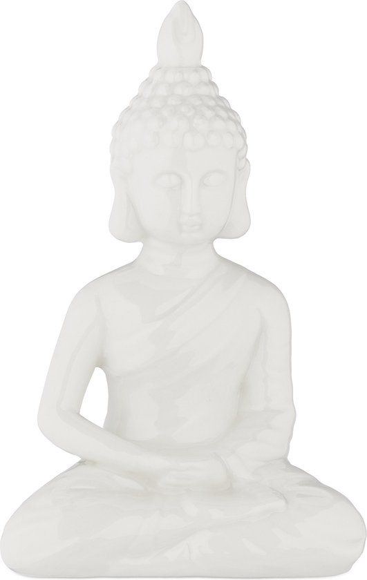Statue Bouddha Relaxdays - 17 cm de haut - céramique - statue de jardin - décoration zen - blanc