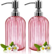 Zeepdispenser - 2 stuks 400 ml glazen zeepdispensers met roestvrijstalen pomp, hervulbare vloeistofflesdispenser, premium handbediende glazen dispenser voor badkamer keuken aanrecht (roze)