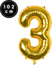 Fienosa Cijfer Ballonnen - Nummer 3 - Goud Kleur - 101 cm - XL Groot - Helium Ballon - Verjaardag Ballon