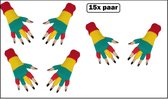 15x Paar Vingerloze handschoenen rood/geel/groen - Carnaval thema feest party festival optocht limburg