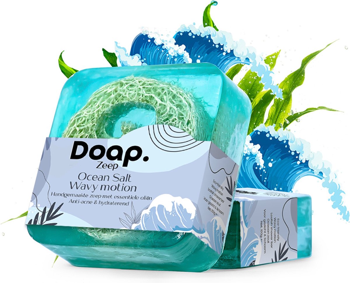 Doap Zeepblok Oceaan Zout - 100g Zeep Stuk met Loofah Spons - Handgemaakte Biologische Body Bar met Luffa - Duurzaam Cadeau