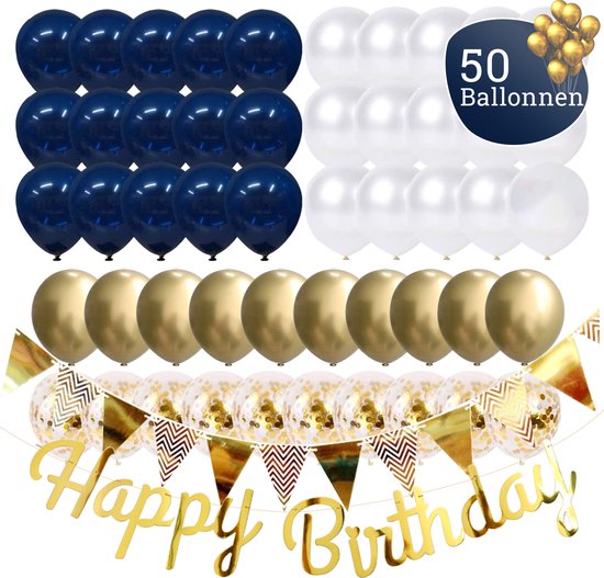 Sellaio - Blauw gouden Ballonnen Verjaardag & Versiering Set – 50 ballonnen - Incl. Happy Birthday Slinger, Vlaggenlijn, Lint en 50 Ballonnen – Kant en Klaar Feest Pakket