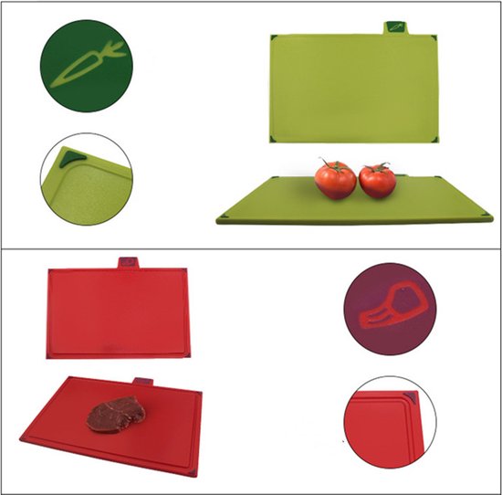 Groene snijplank met twee tomaten. Rode snijplank met vleessymbool.
